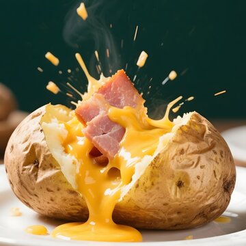 4k high quality Ai generative HD photo realistic menu selling eat food plate fresh hot baked explosive explode yellow cheese melt potato ham bacon dark background splash