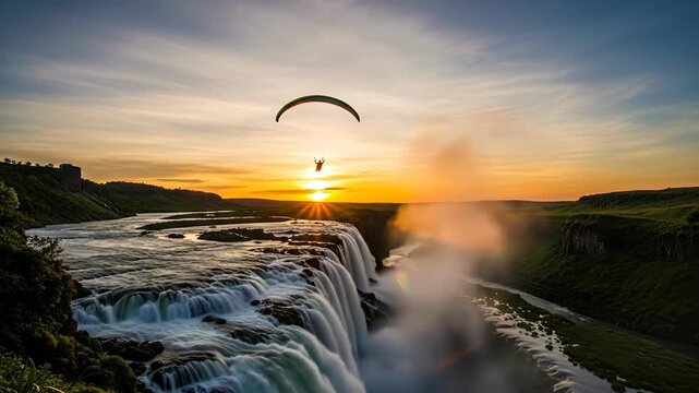 Paragliding over waterfall at sunset, scenic aerial shot, nature and freedom concept