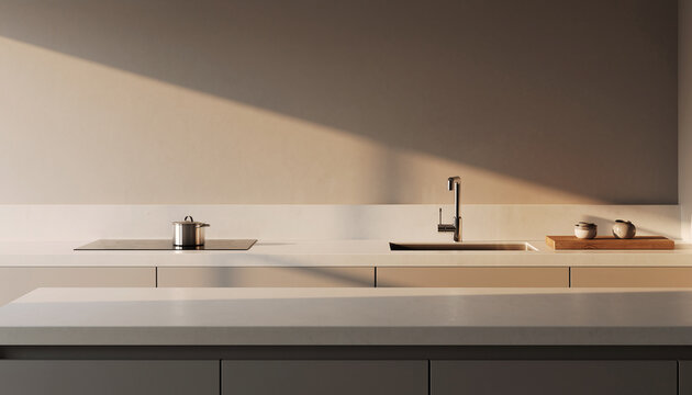 Modern minimalist kitchen counter with induction hob and sink under warm sunlight
