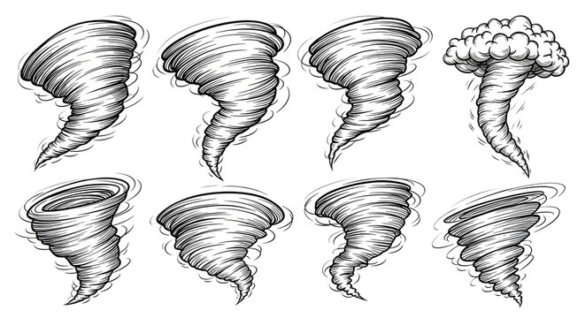 Tornado Dynamic hand-drawn weather phenomena depicting powerful swirling air masses and atmospheric vortexes, illustrating the destructive force of nature and environmental threats