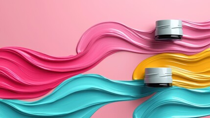Two colorful, glossy paint strokes on a pink background, with a metallic container in the foreground.
