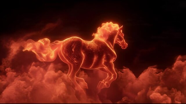 Dynamic fiery horse animation showcasing majestic motion in a surreal fiery