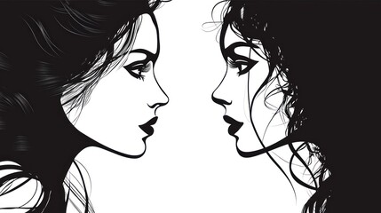 Two women with long hair facing each other, one with dark hair and the other with light hair, against a white background with a black outline.