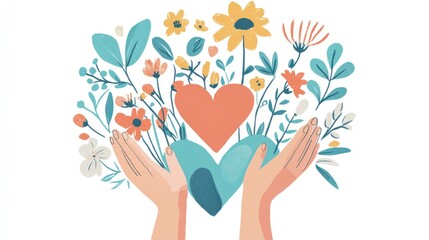 Two hands holding a heart and flowers, surrounded by colorful plants and leaves, set against a white background with a soft, blurred background.