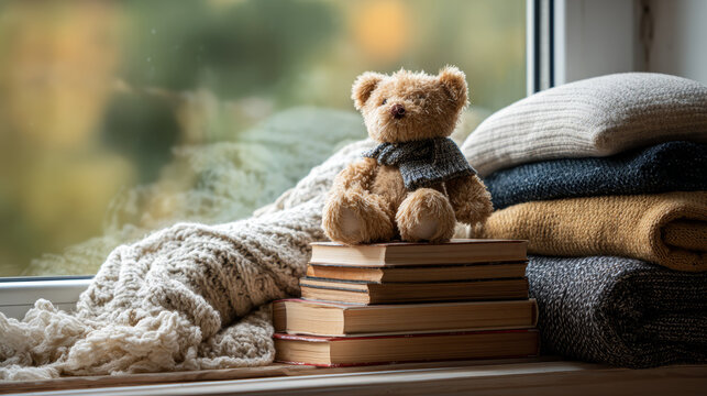 Cute teddy bear with soft brown fur and a dark gray knitted scarf sitting atop a stack of hardcover books on a windowsill, surrounded by cozy folded blankets and textiles, with a