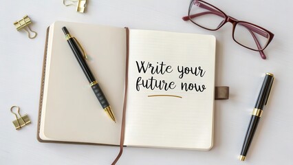 An open journal with the phrase "Write your future now" and a pen on a clean white surface, ready for planning and inspiration.