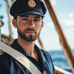 A man in a captain's hat stands on a sailboat, with the ocean and sky in the background.