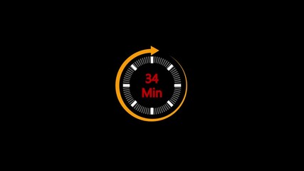 Animation video timer icon with 34 min.Timer 34 minutes countdown icon.Arrow Clock 34 minutes icon black background.4k video animation.