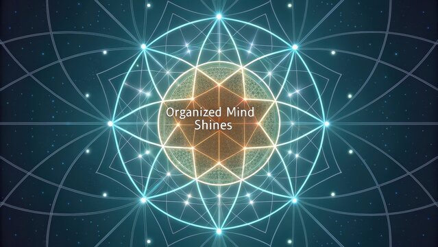 An organized mind shines with a glowing symmetrical abstract star geometric diagram in vibrant blue and orange. - Powered by Adobe