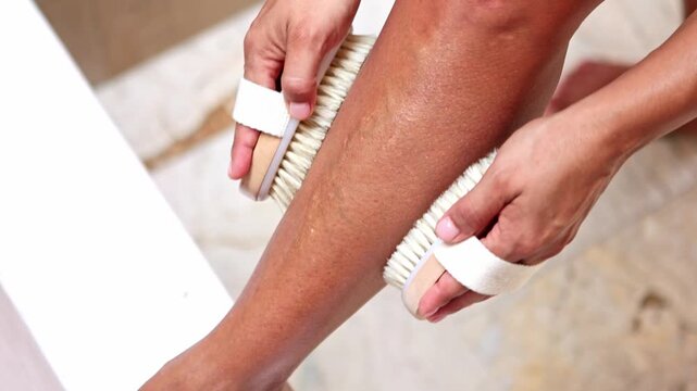 Woman massaging leg with a natural dry brush at home