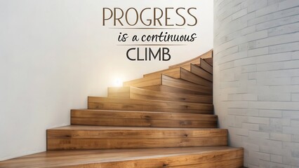 Elegant wooden stairs spiral upwards with inspirational text 'Progress is a continuous climb' bathed in soft light