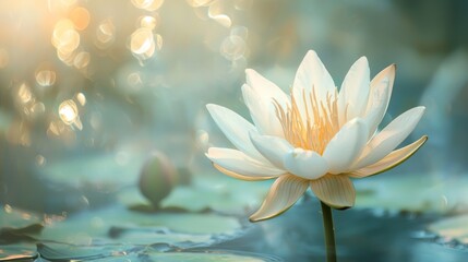 A white lotus flower with a green background, illuminated by sunlight, with a blurred background of water and greenery