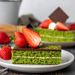 Close-up of green layered cake with chocolate and strawberries