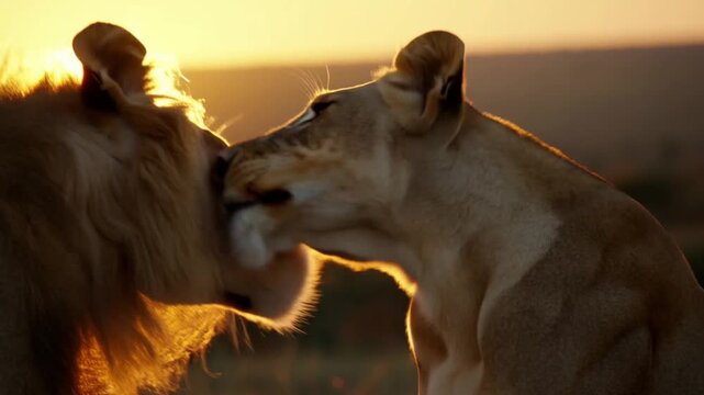 Male lion and lioness (panthera leo) nuzzling faces intimately in the golden hour savanna light with detailed fur and warm backlight, the concept of love and tenderness in the wild