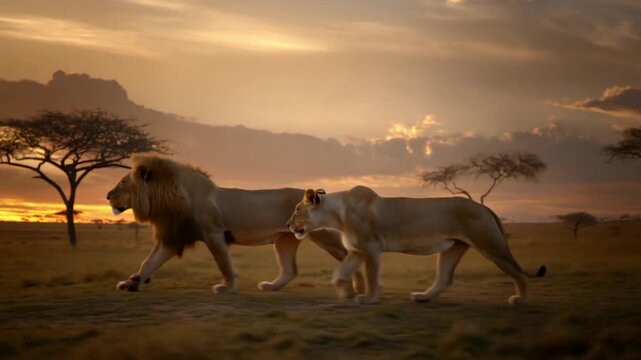 Two african lions walking together through the vast savanna at sunset under a dramatic colorful sky, the concept of fidelity and a strong bond in a couple