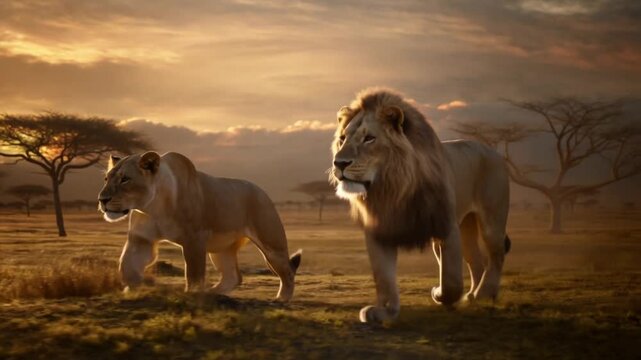 Two african lions walking together through the vast savanna at sunset under a dramatic colorful sky, the concept of fidelity and a strong bond in a couple
