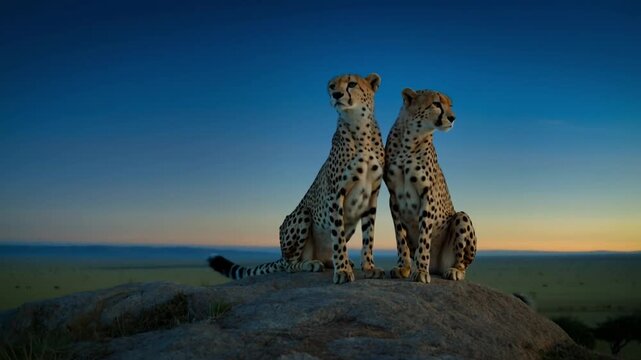 Two cheetahs standing close together on a rock overlooking the vast savanna at blue hour with wind in their fur, the concept of mutual support and vulnerable beauty in the wild world