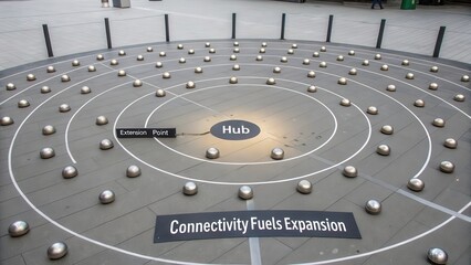 Modern circular urban installation with illuminated nodes and inspirational text about connectivity