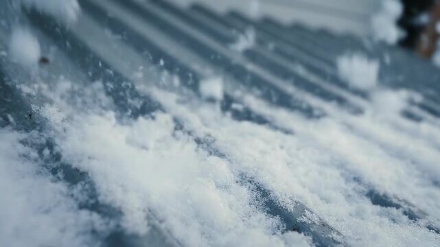 Extreme slow motion close-up of thick snowflakes accumulating on the corrugated metal surface of a residential garage door in cold winter light coating, slow, building