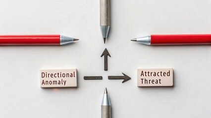 Precisely aligned magnetic north arrows with directional pens and text blocks on a white background representing strategic choices.