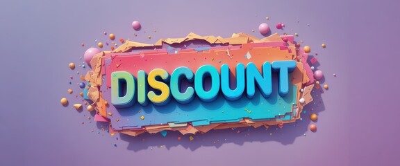 Colorful 3D 'DISCOUNT' text with vibrant layers and scattered elements on a solid purple background