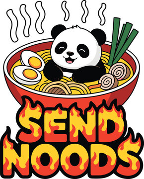 Cute panda in ramen bowl with send noods text noodles