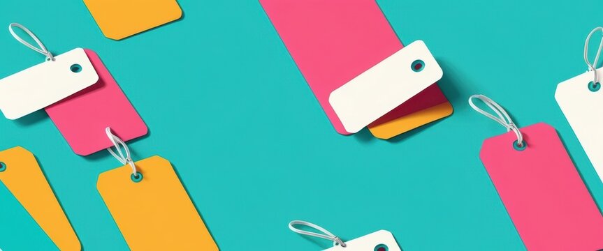 Vibrant pink yellow and white blank tags with strings scattered across a teal background Layered colorful labels