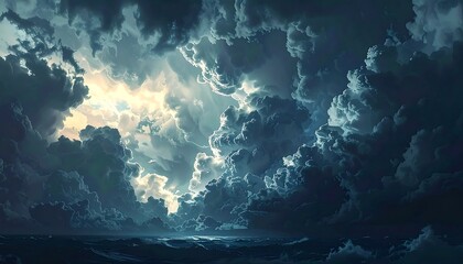 A dramatic depiction of an ocean landscape under a turbulent, cloud-filled sky. Light breaks through, highlighting the sea