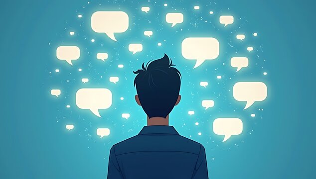 Editorial illustration of a person surrounded by glowing chat bubbles that never touch them, symbolizing emotional isolation in a hyperconnected digital world, modern flat vector style, soft cool 
