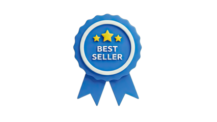 3D Best Seller Badge with Stars and Ribbons on transparent background