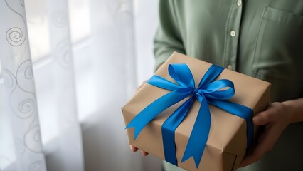 A person holding a gift box with a blue ribbon