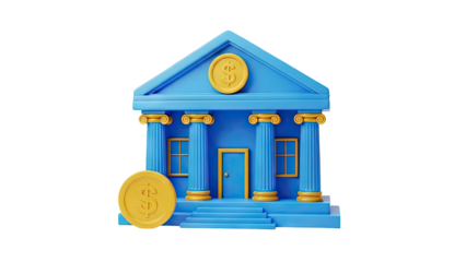 3D Blue Bank Building with Golden Dollar Coins on transparent background