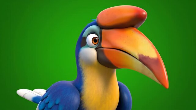 Animated cartoon toucan bird closeup green.