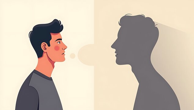 Editorial illustration of a person facing a shadowy version of themselves whispering doubts, symbolizing inner critic and self sabotage, modern flat vector style, soft neutral palette, minimal back