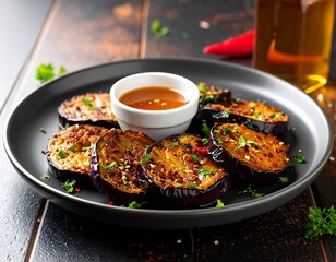 Close-up of grilled eggplant slices on a dark plate, with dipping sauce