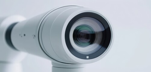 Detailed front view of a contemporary white camera lens with multi layered optical glass