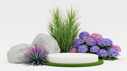 A minimalist garden display featuring a white podium surrounded by natural like rocks, green grass, and colorful hydrangeas on a white background