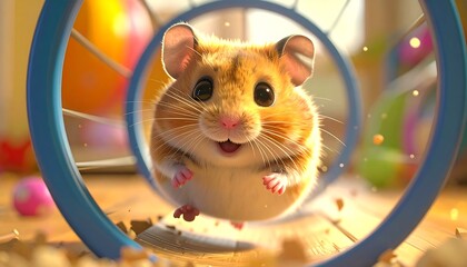 A cute, fluffy, cartoon hamster enthusiastically runs in its exercise wheel on a wooden surface, with colorful toys in the background