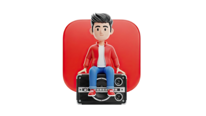 3D cartoon boy sitting on a speaker in front of red shape on transparent background