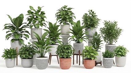 Extensive arrangement of fifteen diverse potted houseplants of various sizes and leaf shapes, displayed on pedestals and stands, featuring a mix of