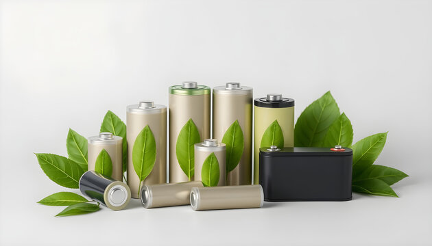 A collection of rechargeable batteries in various sizes placed beside green leaf symbols, emphasizing the theme of sustainability and energy storage solutions. High quality