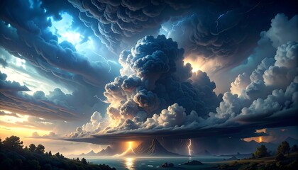 A dramatic landscape featuring towering storm clouds, lightning strikes, and a golden sunset reflecting on water. Distant mountains