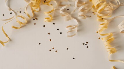 Elegant gold streamers and star confetti cascade beautifully across a soft background perfect for festive celebrations