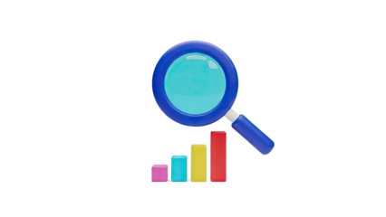 3D Magnifying glass over colorful bar chart representing data analysis on transparent background