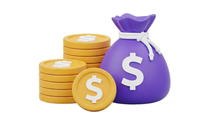 3D Money Bag and Coins 3D Render on transparent background