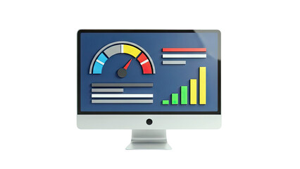 3D Computer Monitor with Speedometer and Graphs Displaying Data on transparent background