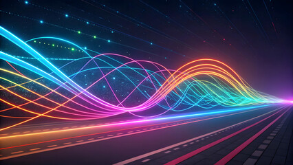 Captivating digital highway with vibrant neon light trails illustrating data flow