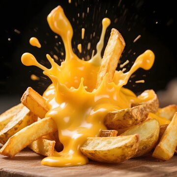 4k high quality Ai generative HD photo realistic background wallpaper food fried French fries explode explosive hot flame mashed potatoes mustard cheese sauce potato