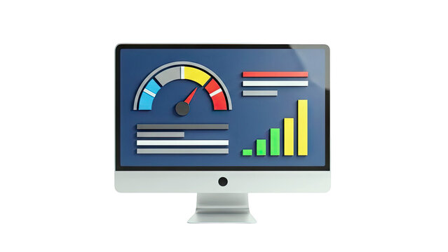 3D Computer Monitor with Speedometer and Graphs Displaying Data on transparent background - Powered by Adobe