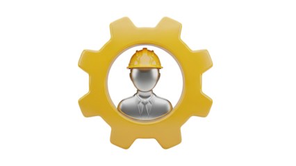 3D Construction worker icon in a gear on transparent background